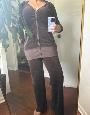 Vtg Juicy Couture Long Jacket Velour Wide Leg Tracksuit Brown Top Sz L Pant Sz M